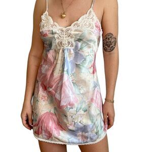 Vintage Womens 90s Floral Pastel Slip Mini Dress Nightgown and Robe Sz M